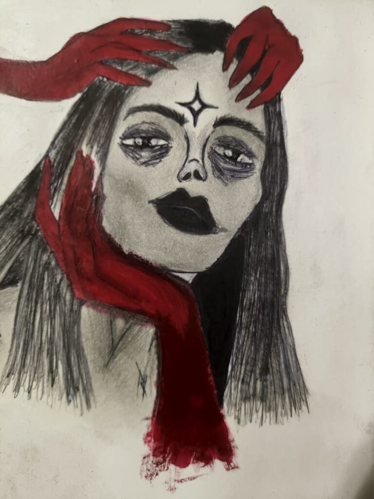 Dark fantasy girl artwork inspired by Eclipsara featuring black and white pencil shading with striking red hands.
