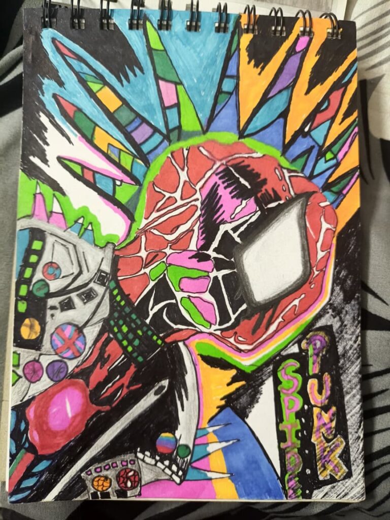Colorful Spider-Punk fan art portrait created with mixed media featuring vibrant graffiti-inspired background and comic-style design.